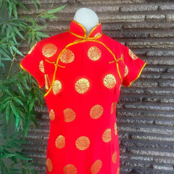 Chinese Vintage Red with Gold Traditional Cheongsam Qipao Maxi Dress - Picture 6 of 8